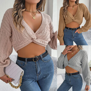 knot-v-neck-lantern-sleeve-midriff-baring-sweater